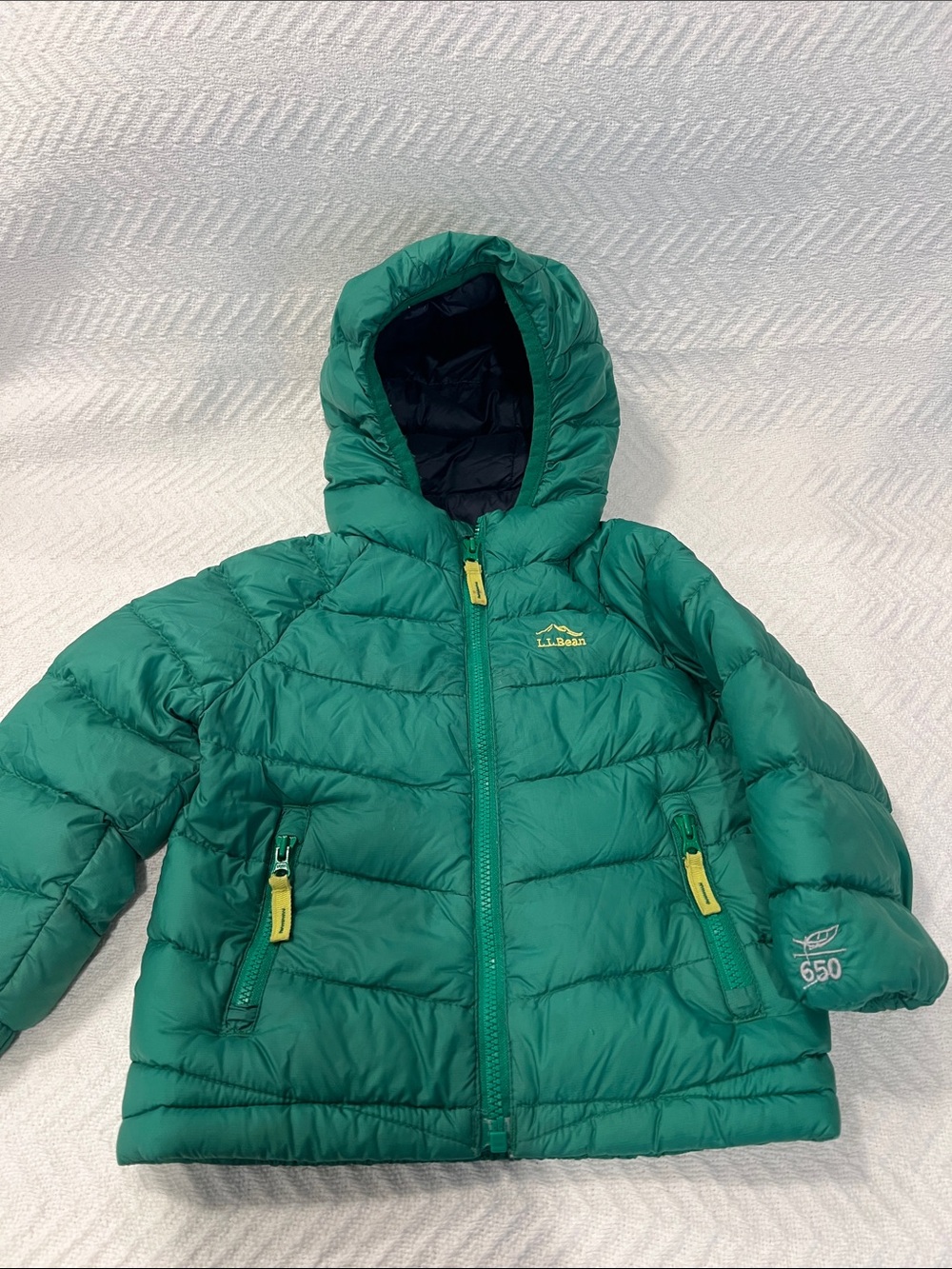 L.L. Bean Kids Green Hooded Puffer Jacket with Yellow Accents